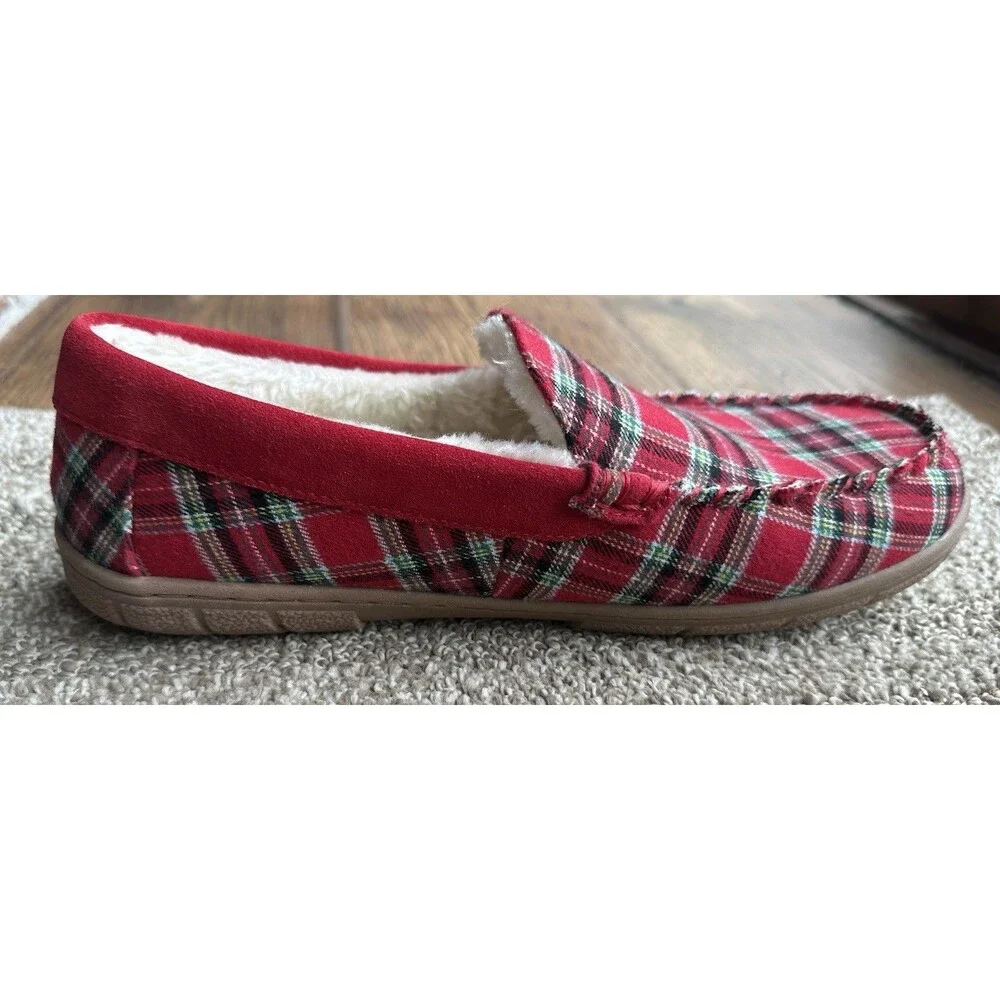 Lands’ End Red Plaid Faux Fur Lined Moccasin Slippers Men’s Size 10